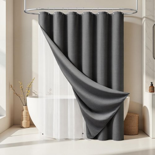 Dynamene Stall Shower Curtain and Liner Set - 36 x 72 inch Half Waffle Fabric, Narrow Waterproof Clear Liner, Heavy Duty Weighted Hotel Luxury Shower Curtains for Bathroom with 6 Hooks, Charcoal Grey