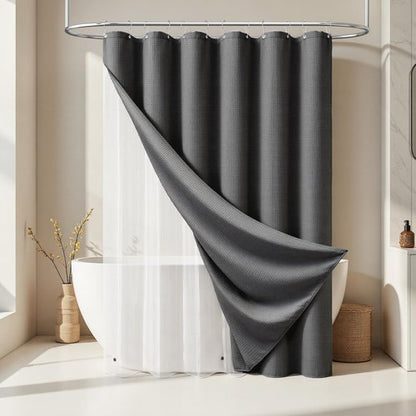 Dynamene Extra Long Shower Curtain and Liner Set - 96 inch Tall Waffle Fabric, Waterproof Clear Liner, Heavy Duty Weighted Hotel Luxury Shower Curtains for Bathroom with 12 Hooks, 72x96, Charcoal Grey