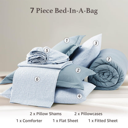 Monbix King Size Comforter Set - 7 Pieces Dusty Blue Prewashed Bed in a Bag King Bedding Sets with Comforters, All Seasons Ultra Soft Comforter Bed Set with Sheets,Pillowcases & Shams