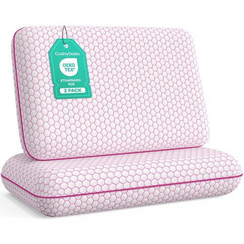 CushyOasis Memory Foam Pillows for Side, Back and Stomach Sleepers, Set of 2, Bed Pillow with Washable Cover and Breathable Mesh, Bed Pillow for Sleeping (Pink，Standard Size)
