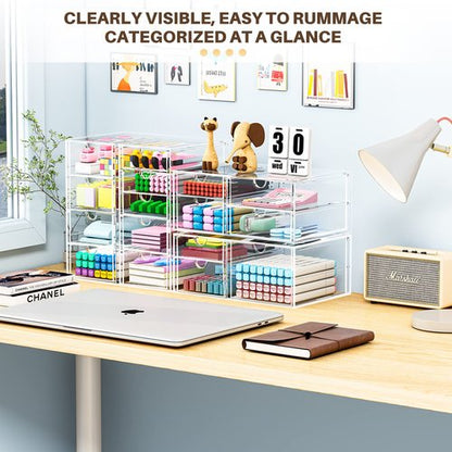 caktraie Makeup Organizer Storage with 16 Drawers, 4 Pcs Desktop Office Supplies, Desk Organizers, Clear Accessories, Dustproof Storage Drawer and for Make Up, Jewelry, Pen, Stationary