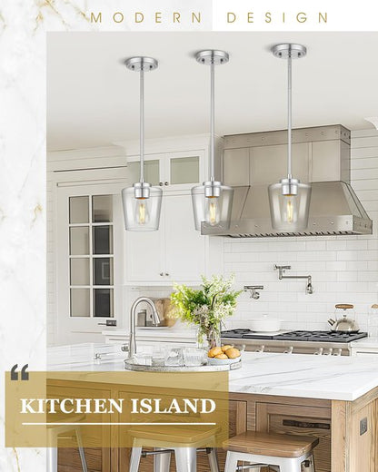 Audickic Pendant Lights Kitchen Island 2 Pack, 6" Brushed Nickel Hanging Lights Fixtures with Clear Glass Shade, Modern Brass Kitchen Pendant Lighting Over Island for Dining Room, AD-22004-1P2-SN-C