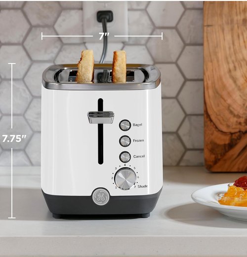 GE 2-Slice Toaster - Extra Wide Slots for Bagels & Breads | 7 Shade Settings, Removable Crumb Tray, 850 Watts, White