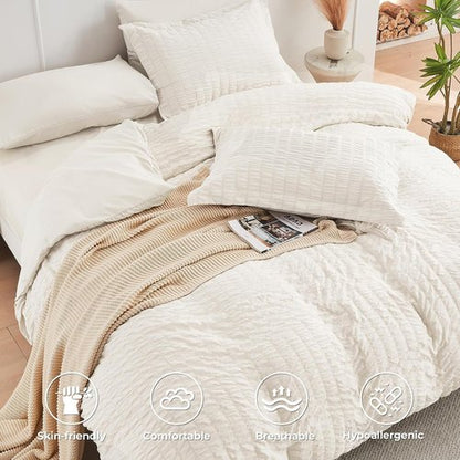 HYMOKEGE King Size Comforter Set - Luxury 7-Piece Ivory Seersucker Bedding for All Seasons | Includes Comforters, Sheets & Pillowcases