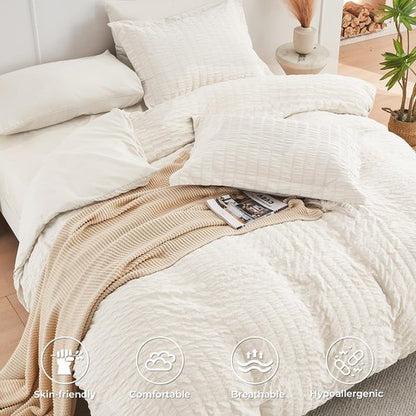HYMOKEGE Ivory Twin XL Comforter Set Seersucker 5 Pieces, All Season Luxury Bed in a Bag for Bedroom, Bedding Set with Comforter, Sheets, Pillowcase & Sham