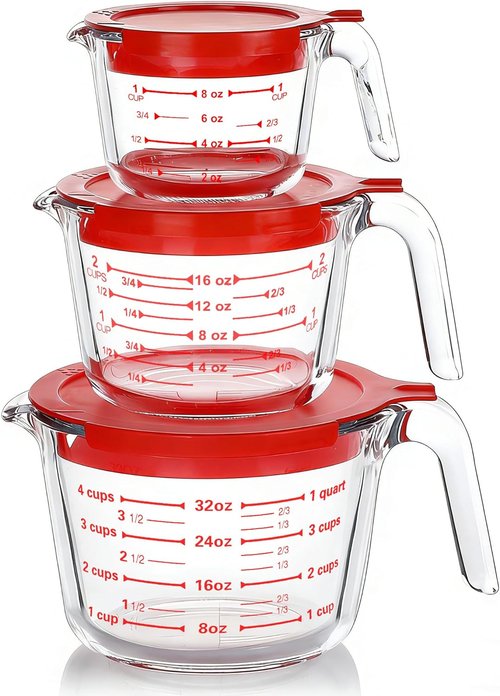 M MCIRCO Glass Measuring Cups Set - 6 Pcs with Lids | 1-Cup, 2-Cup, 4-Cup Nesting Jugs for Kitchen