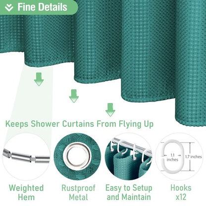 Dynamene Extra Long Shower Curtain - 84 Inch Long Green Fabric Waffle Weave Heavy Duty Shower Curtain for Bathroom, Weighted Hotel Thick Cloth Shower Curtain Set with 12 Hooks,72x84, Seaweed Green