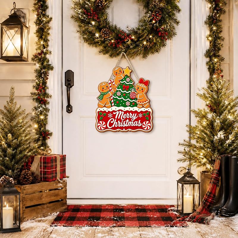 Colorful Merry Christmas Gingerbread Door Sign — 13.3 x 11.6 in Wooden Hanging Wreath