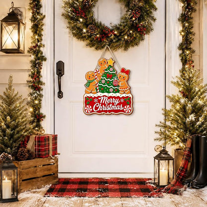 Colorful Merry Christmas Gingerbread Door Sign — 13.3 x 11.6 in Wooden Hanging Wreath