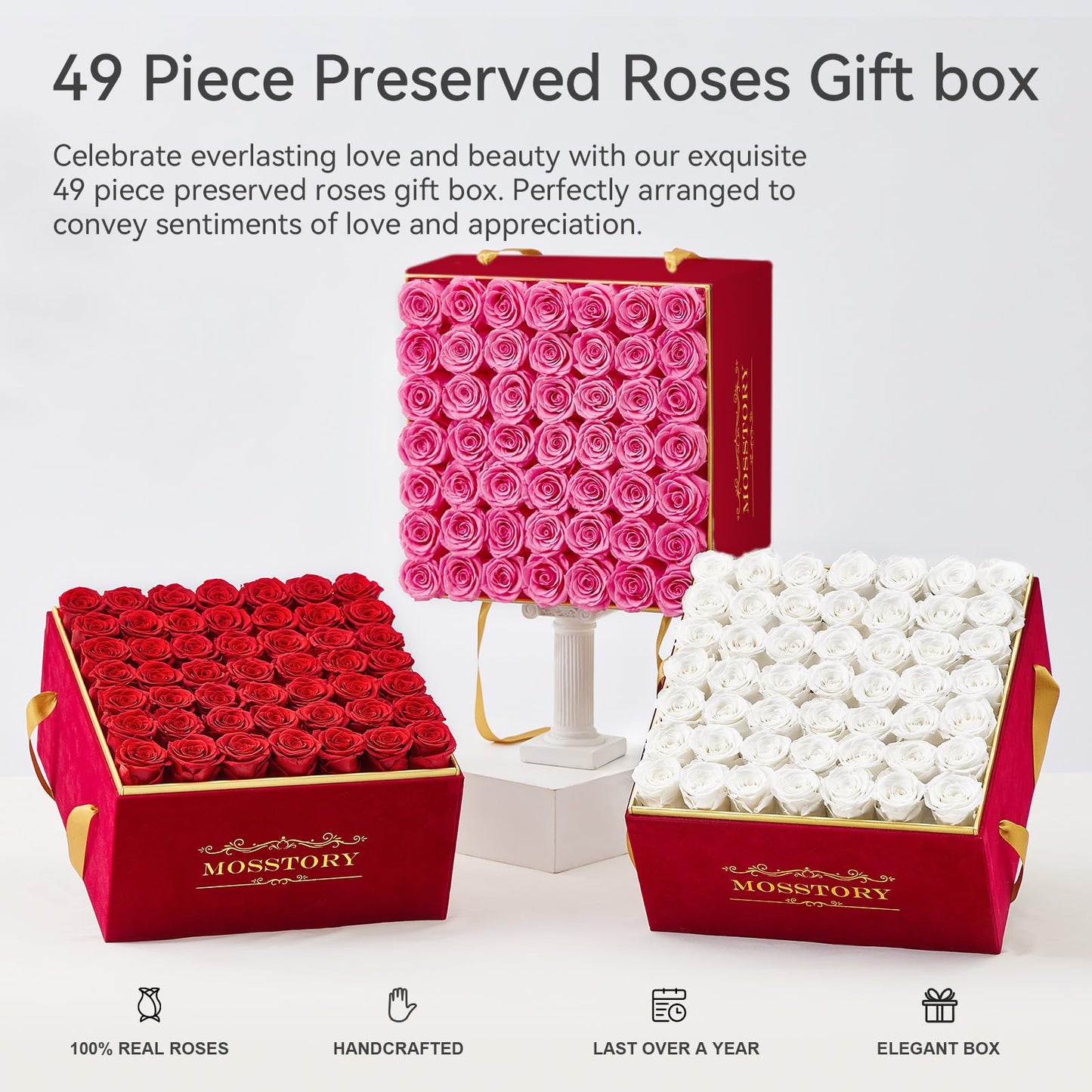 Mosstory Preserved Roses in a Box 49-Piece Forever Flowers Gifts for Women Wife Mother Day Christmas Anniversary (Pink Roses, Square Burgundy Suede Box)