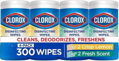 Clorox Disinfecting Cleaning Wipes - Bleach-Free Fresh Lemon Scent | 75 Count, Pack of 4 for Allergy Season