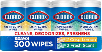 Clorox Disinfecting Cleaning Wipes for Spring Cleaning & Allergy Season, Bleach Free, Fresh Scent and Crisp Lemon, 75 Count Each, Pack of 4