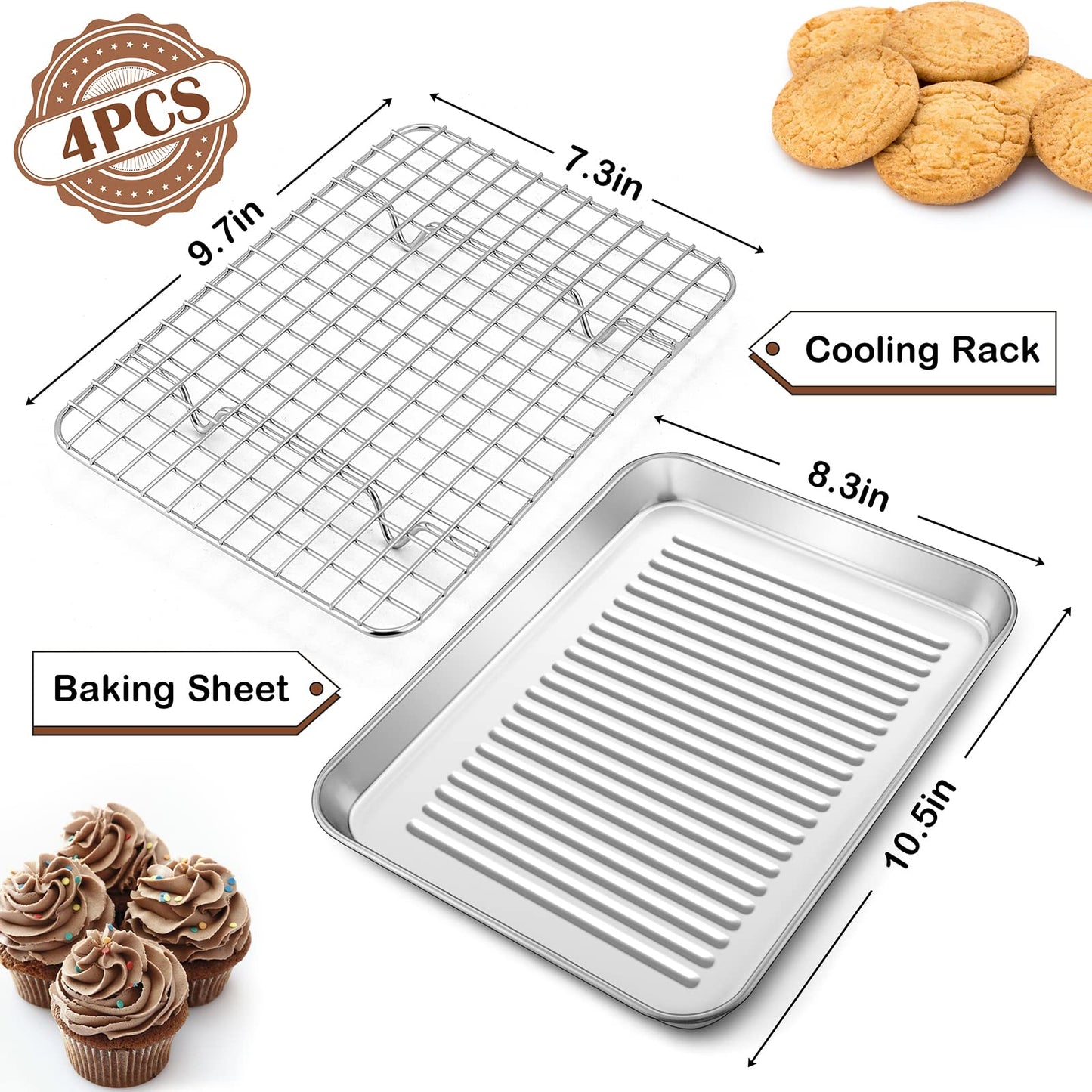 Small Stainless Steel Baking Sheet, E-far Toaster Oven Tray with Rack Set, Metal Textured Broiling Pan with Wire Rack for Cooking/Cooling/Bacon/Cookies/Steak - Dishwasher Safe