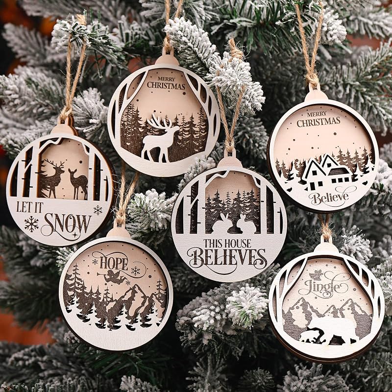 Jetec 6 Pcs Rustic Christmas Ornaments – Round Wooden Deer Forest Decor (Variation: Round Style)