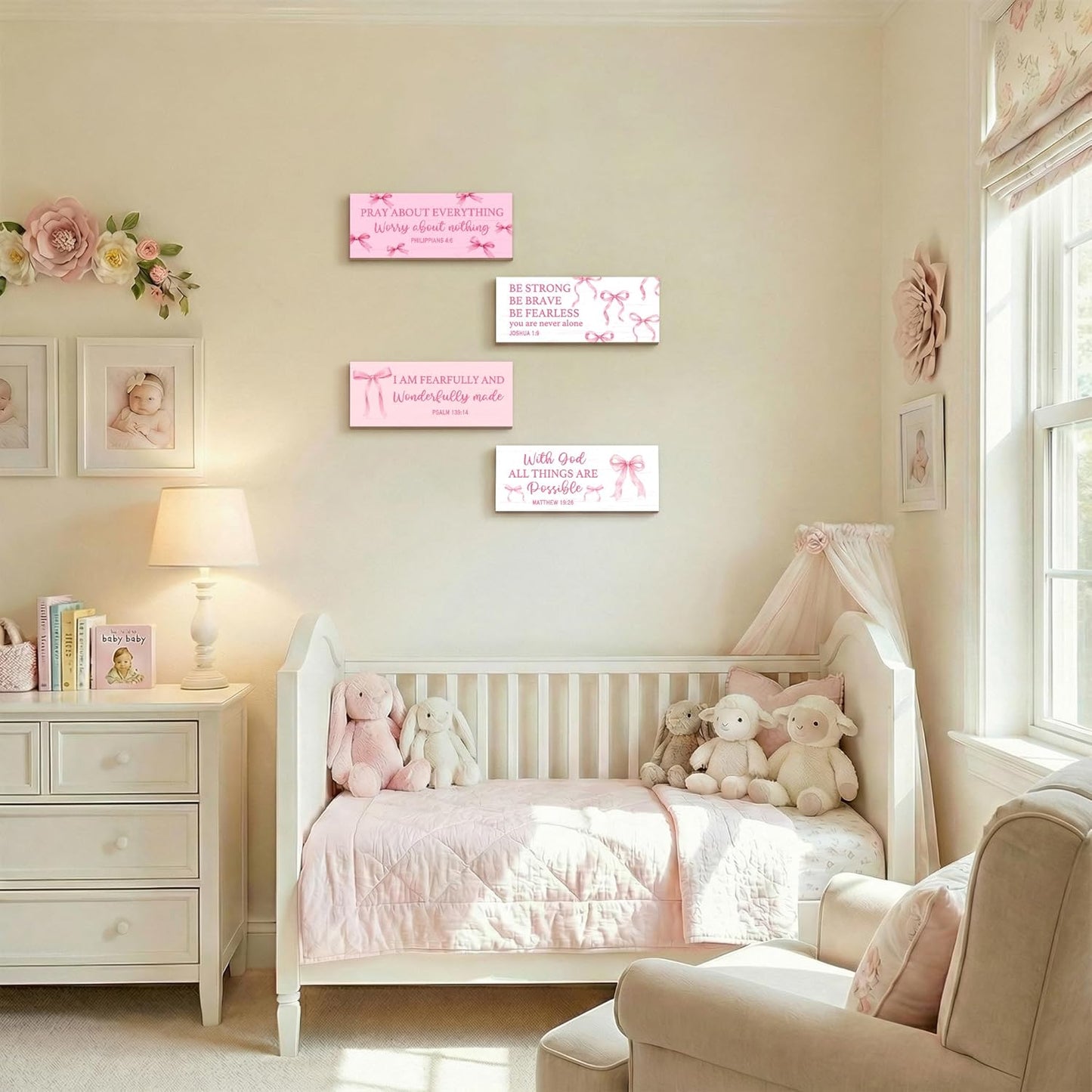 Skiennix 4Pcs Pink Bow Wooden Wall Decor - Cute Christian Art for Teen Girls' Nursery & Bedroom