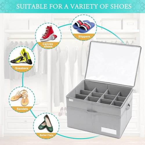 LUVHOMEE Shoe Organizer - Clear Foldable Storage Bins for 16 Pairs - Space-Saving Gray Design