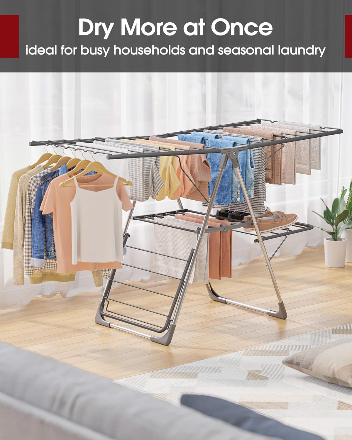 Sakugi Clothes Drying Rack - Foldable 2-Level Design with Height-Adjustable Wings | Space-Saving Indoor & Outdoor Use, Gray 55.5" L × 22.8" W