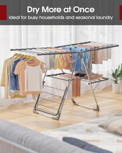 Sakugi Clothes Drying Rack - Foldable 2-Level Design with Height-Adjustable Wings | Space-Saving Indoor & Outdoor Use, Gray 55.5" L × 22.8" W
