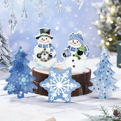 Threehoney Blue Winter Snowman Decor - 5 Pcs Cute Snowflake Table Centerpieces for Home & Office