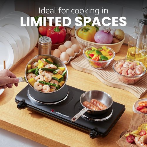 Elite Gourmet Double Cast Iron Burner - 1500 Watts Electric Hot Plate with Temperature Control | Black