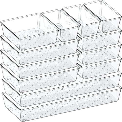 Criusia Drawer Organizer Set - 12 Pack Clear Plastic Storage Bins for Kitchen, Bathroom & Office | Versatile 4-Size Trays