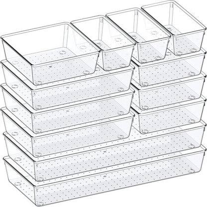 Criusia Drawer Organizer Set - 12 Pack Clear Plastic Storage Bins for Kitchen, Bathroom & Office | Versatile 4-Size Trays
