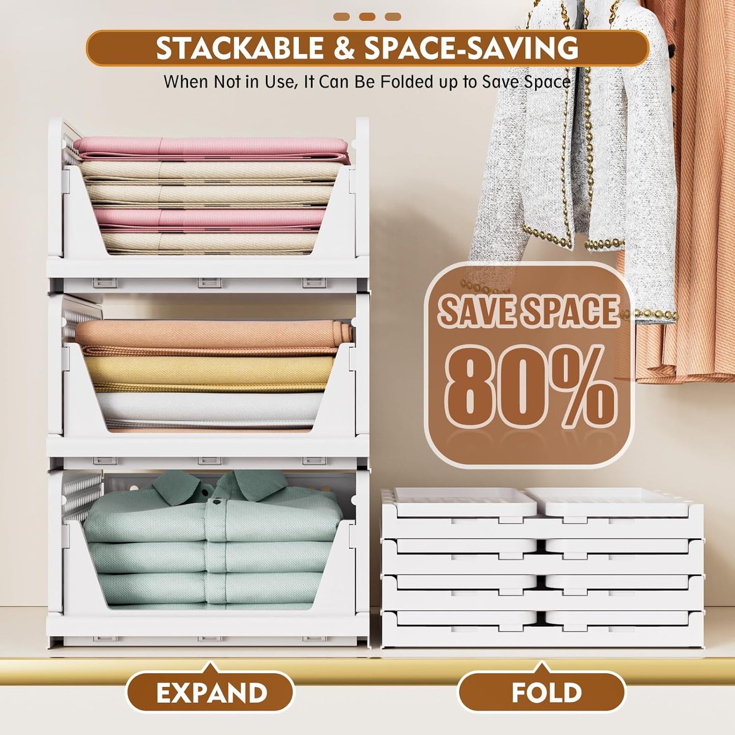 SNSLXH Stackable Closet Storage Baskets - Multifunctional & Foldable Organizer for Bathroom, Kitchen, Laundry | White, 5 Pack