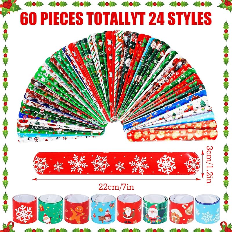 60-Pack Christmas Slap Bracelets - Kids Party Favors, 24 Patterns Variation of THIS listing