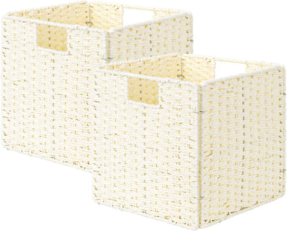 StorageWorks Wicker Baskets - Handwoven Organizing Cubes with Handles, Foldable Beige, 2 Pack