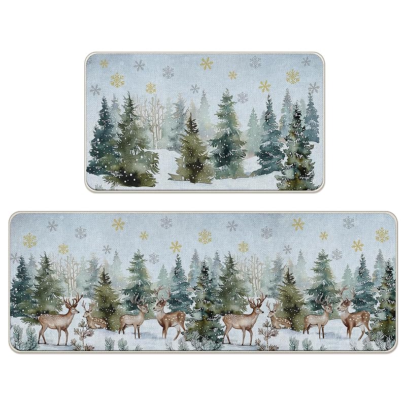 Winter Forest Reindeer Kitchen Rugs Set of 2 - Winter Woodland Variation