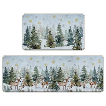 Winter Forest Reindeer Kitchen Rugs Set of 2 - Winter Woodland Variation