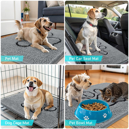 OLANLY Dog Door Mat for Muddy Paws 48x30, Paw Print Design, Absorbs Moisture and Dirt, Absorbent Non-Slip Washable Doormat, Quick Dry Chenille Mud Mat for Dogs, Entry Indoor Entryway Carpet, Grey