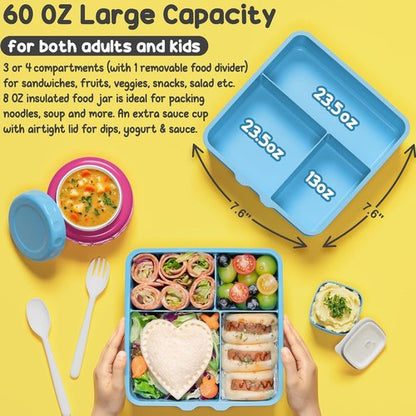 Fimibuke Bento Box - BPA Free & Leakproof Lunch Box with 8.5oz Insulated Food Jar | 3 or 4 Compartment Container for Kids