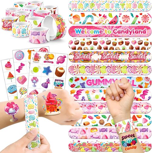 Candyland | 60 PCS Party Favors Set - 36 Temporary Tattoos & 24 Slap Bracelets for Kids, Ideal for Sweet-Themed Celebrations