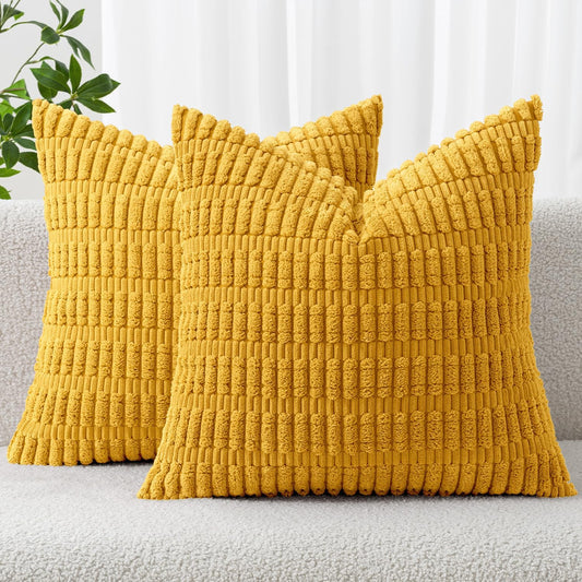 MIULEE Corduroy Throw Pillow Covers - Soft Boho Striped Design | 18x18 Inch Mustard Yellow Decor