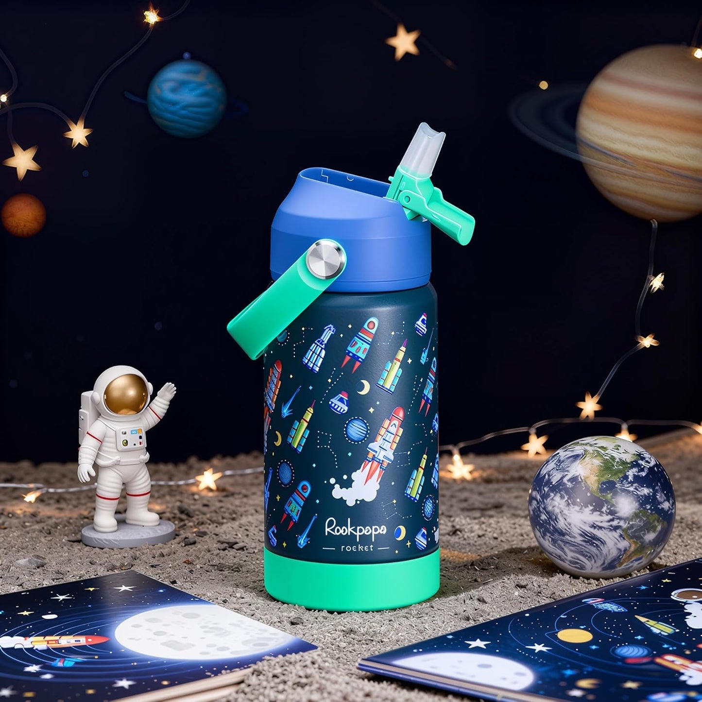 Rockpapa Kids Insulated Water Bottle - 14 oz Stainless Steel, BPA Free, Leak-Proof | Blue Rocket Design