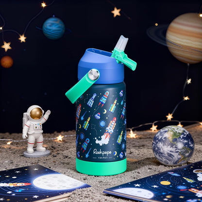 Rockpapa Kids Insulated Water Bottle - 14 oz Stainless Steel, BPA Free, Leak-Proof | Blue Rocket Design