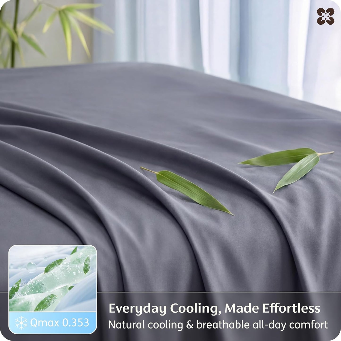 Bedsure Queen Sheet Set - Cooling Bamboo Rayon Sheets | Breathable, Soft & Deep Pocket Up to 16" - Dark Grey