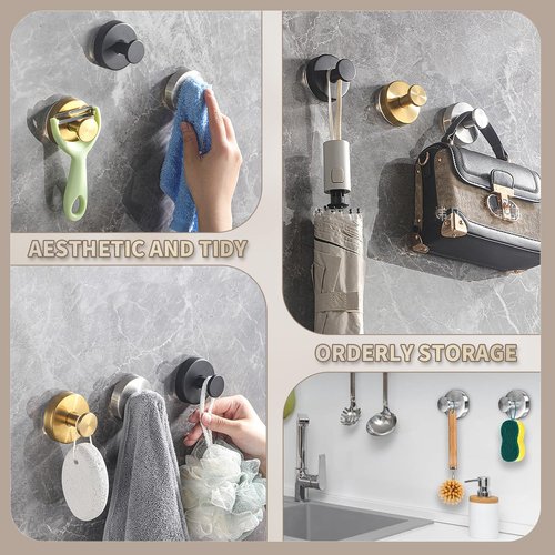 SOCORIA 2026 Upgraded Drill-Free Suction Cup Hooks, Stainless Steel Suction Cup Hooks for Shower, Mirror, Wall, Bathroom, Glass, Hanging Towels - 4 Pack, Black