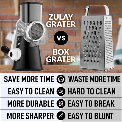 Zulay Rotary Cheese Grater - Manual Hand Crank Shredder with 3 Blades & Reinforced Suction - Black
