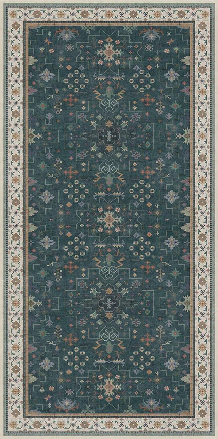 Oushak Dark Green 3x6 Kitchen Rug - Modern Vintage Boho Floral Design, Washable Non-Slip Area Rug for Entryway & Bedroom