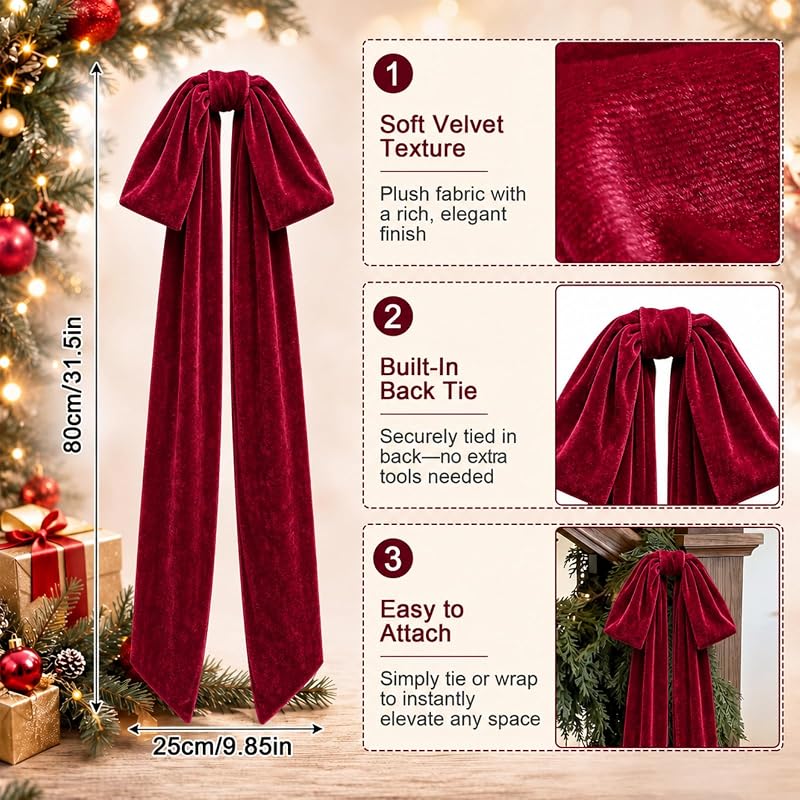 Giant Burgundy Velvet Christmas Bow Ornaments Set of 4 with Long Tails