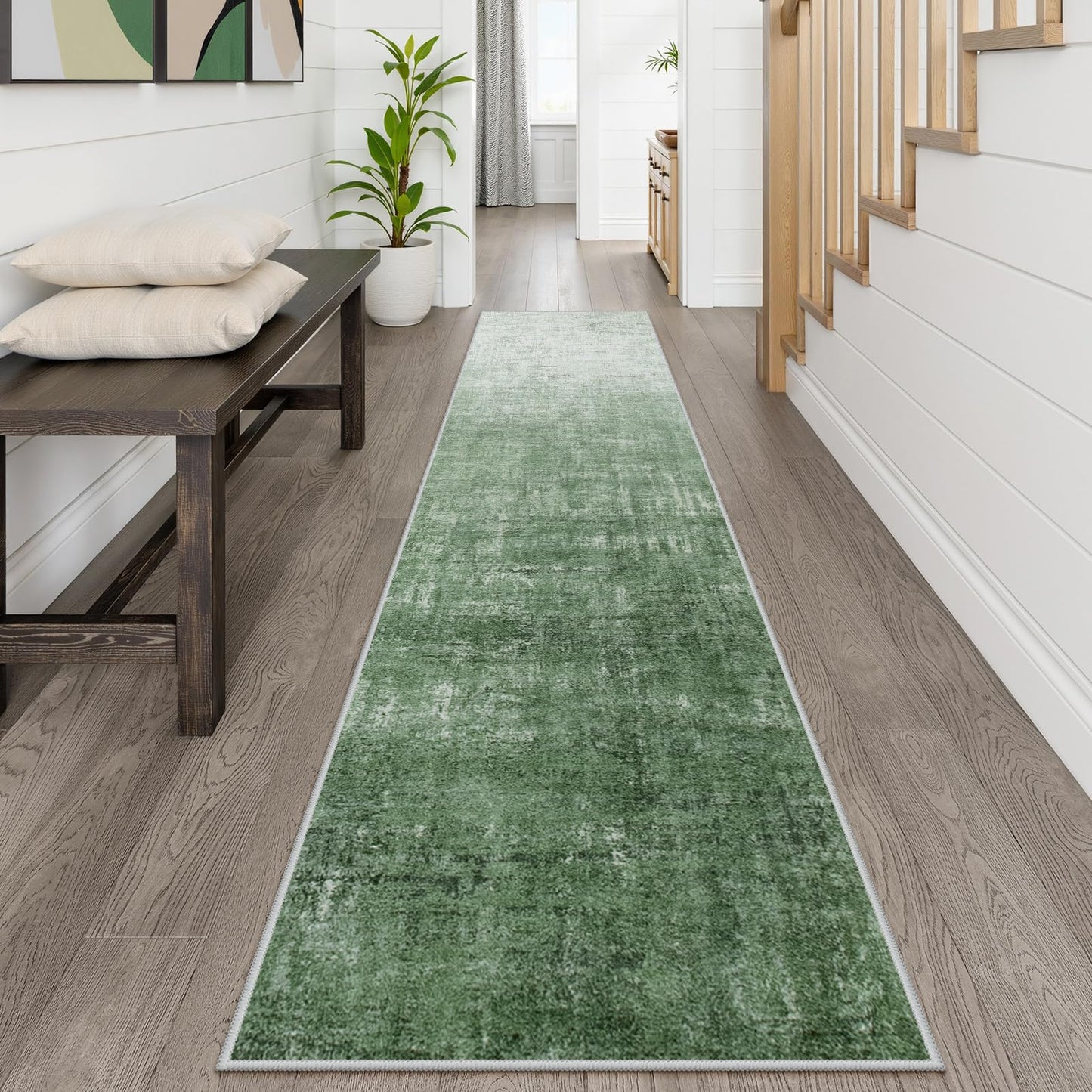 Lahome Green 2x10 Rug Runners for Hallways Non Slip, Boho Kitchen Runner Rugs Non Skid Washable, Modern Abstract Ombre Soft Carpet Runner for Bathroom Entryway Bedroom(2'x10',Green)