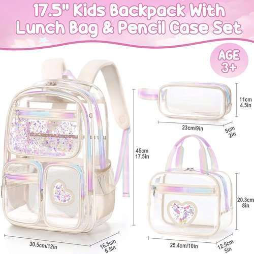 Fimibuke Clear Backpack - Heavy Duty PVC Transparent Bookbag for Girls | Includes Lunch Box & Pencil Case