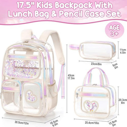 Fimibuke Clear Backpack - Heavy Duty PVC Transparent Bookbag for Girls | Includes Lunch Box & Pencil Case