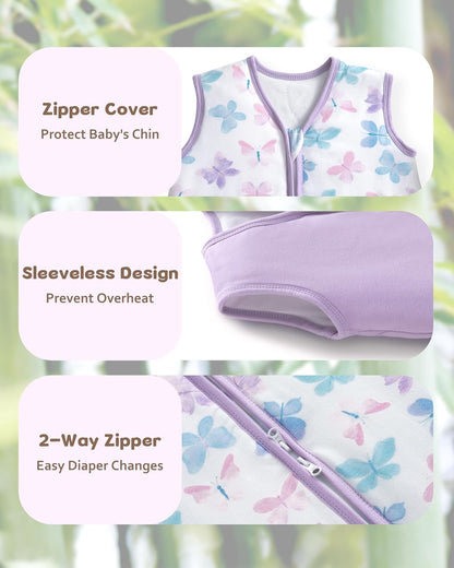 Rayon Made from Bamboo Baby Sleep Sack | Soft 1.0 Tog Wearable Blanket for Infants 6-12 Months - Purple Butterfly (2 Pack)