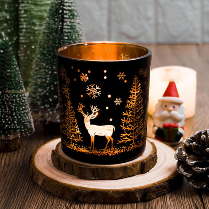 Skiennix Votive Candle Holders - Black & Gold Glass Tealight Set of 3 | Christmas Elk & Snowflake Design