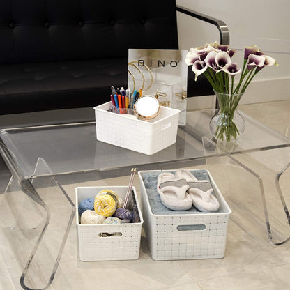 BINO Small White Plastic Baskets - 5 Pack Rectangular Organizers for Cabinets & Drawers