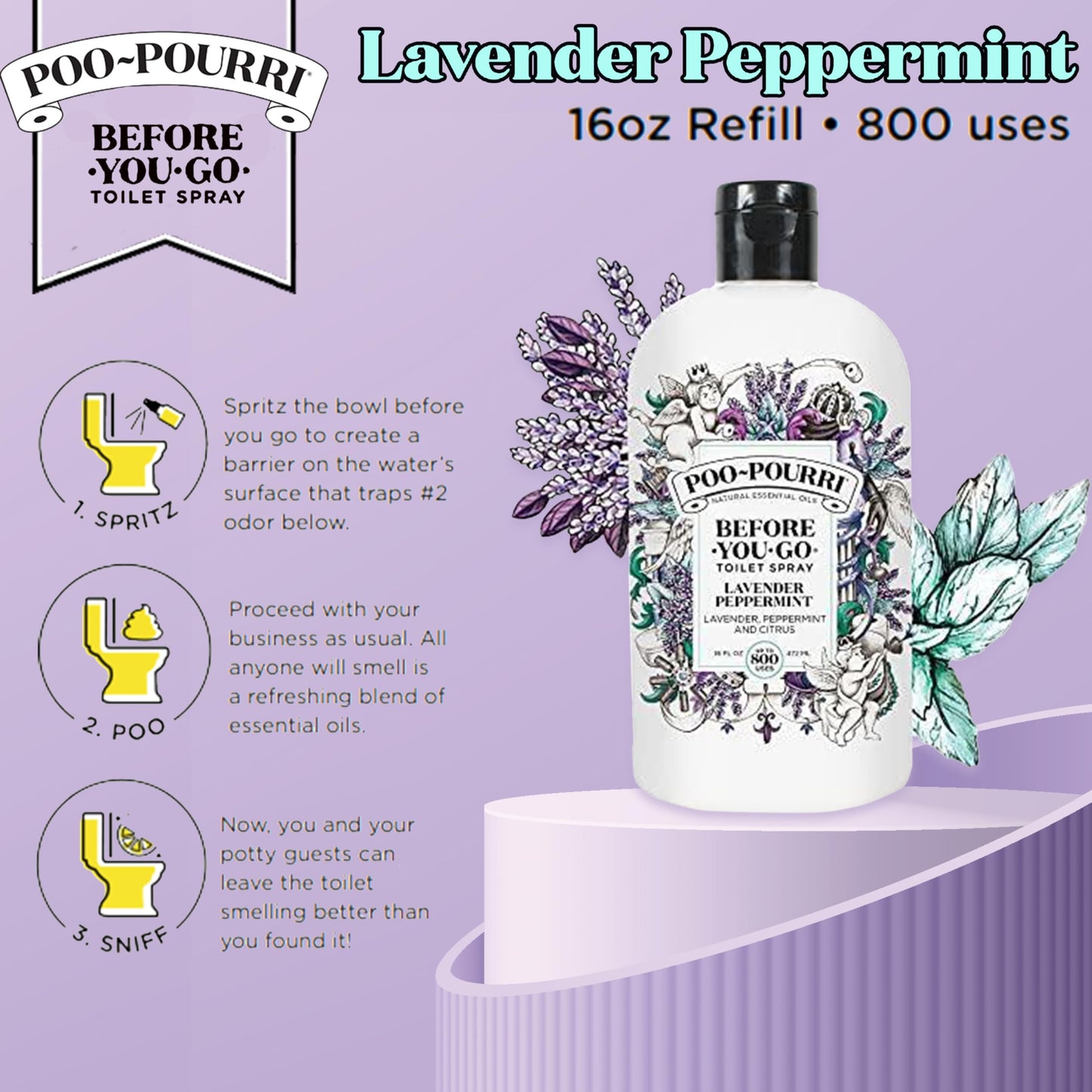 Poo-Pourri Before-You-Go Toilet Spray Refill, Lavender Peppermint, 16 Fl Oz, Up to 800 Uses, Bathroom Odor Deodorizer with Essential Oils for Home or Work, Lavender, Peppermint and Citrus Scent
