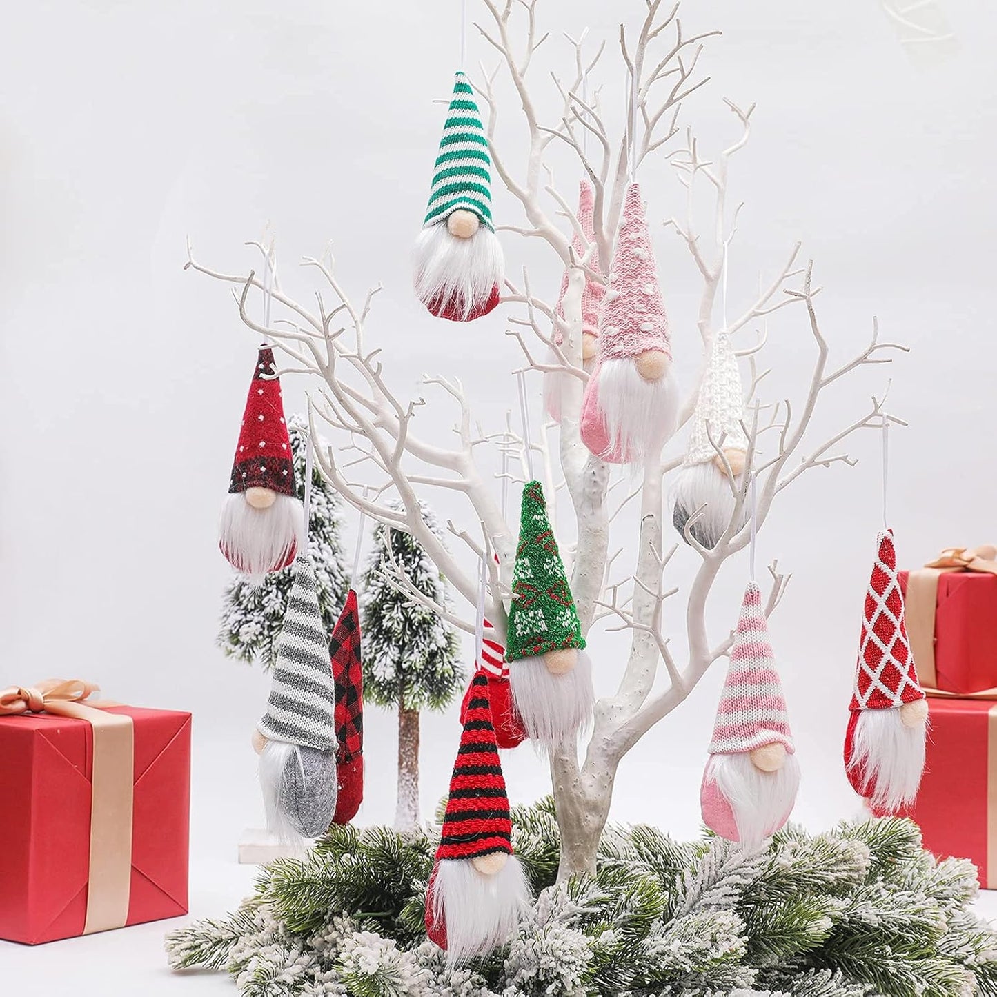 Skiennix Gnome Christmas Ornaments - Set of 3 Plush Tomte Santa Gnomes for Holiday Decor | Red
